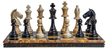 A chess set with a black and white horse and king on the top left - stock .. png