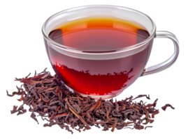 A cup of tea with a spoon and some tea leaves on the table - stock .. png