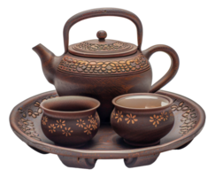 un té conjunto con un tetera, dos tazas y un platillo - valores .. png