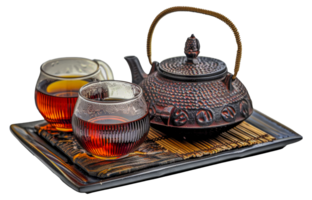 un té conjunto con un tetera y un taza de té en un bandeja - valores .. png