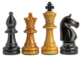 Four wooden chess pieces, including a king, queen, knight, and horse - stock .. png