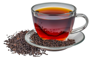 A cup of tea with a saucer and a pile of tea leaves on the saucer - stock .. png