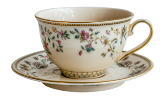Vintage porcelain tea cup with intricate floral design, cut out - stock .. png