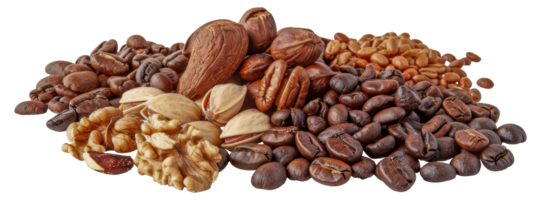 A variety of nuts and coffee beans are spread out - stock .. png