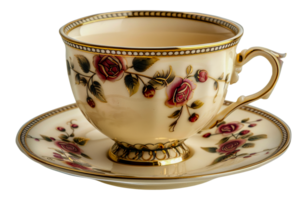 Vintage porcelain tea cup with intricate floral design, cut out - stock .. png