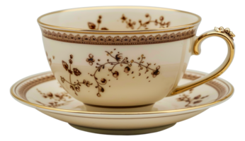 Vintage porcelain tea cup with intricate floral design, cut out - stock .. png