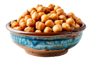 Artisan blue ceramic bowl of fresh chickpeas, cut out - stock .. png