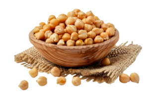 Wooden bowl filled with golden chickpeas on burlap, cut out - stock . png