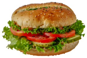 A large sandwich with lettuce, tomatoes, and pickles - stock .. png