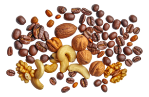 A variety of nuts and coffee beans are scattered - stock .. png
