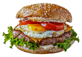 A hamburger with a fried egg and tomatoes on top - stock .. png