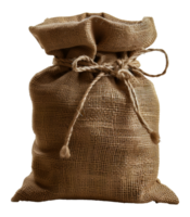 Closed burlap sack tied with a jute rope, cut out - stock .. png