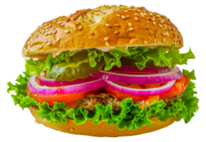 A hamburger with lettuce, tomato, and onions - stock .. png