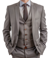 A man in a suit and tie is wearing a brown tie - stock .. png