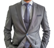 A man in a gray suit and blue shirt is wearing a tie with white dots - stock .. png