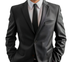 A man in a black suit and white shirt is wearing a black tie - stock .. png