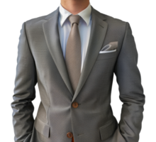 A man in a gray suit and white shirt is wearing a tie and a pocket square - stock .. png