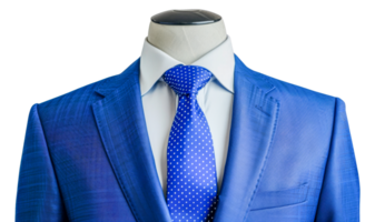 A man wearing a blue suit and a blue tie with white dots - stock .. png