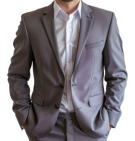 A man in a gray suit and white shirt is standing in front - stock .. png