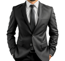 A man in a black suit and white shirt is wearing a black tie - stock .. png
