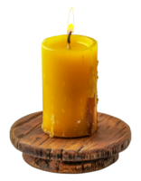 Yellow pillar candle burning on a circular wooden stand, cut out - stock .. png