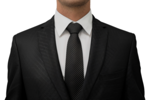 A man wearing a black suit and white shirt with a black tie - stock .. png