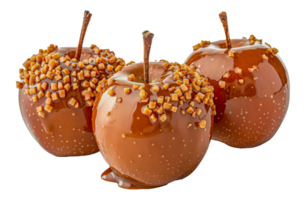 Trio of gourmet caramel apples with various toppings, cut out - stock .. png