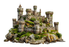 Majestic medieval castle on cliff with lush greenery, cut out - stock .. png