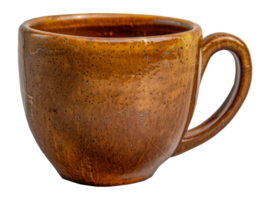 A brown ceramic coffee cup with a handle sits - stock .. png