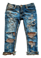 Distressed denim jeans with detailed rips and frays on transparent background - stock .. png