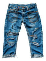 Ripped and distressed blue denim jeans on transparent background - stock .. png