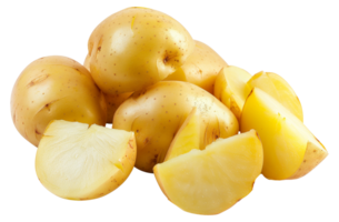 A pile of yellow potatoes with one of them cut in half - stock .. png