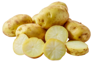 A pile of potatoes with one of them cut in half - stock .. png