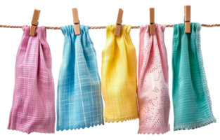 Hanging colorful linen cloths on a rustic wooden line, cut out - stock .. png
