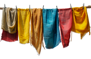 Hanging colorful linen cloths on a rustic wooden line, cut out - stock .. png