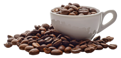 A white coffee cup with coffee beans on top of it - stock .. png