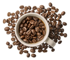 A white coffee mug is filled with coffee beans - stock .. png