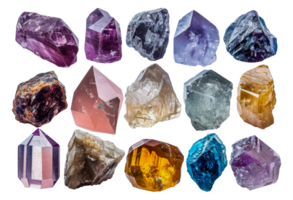 Collection of raw gemstones and crystals, cut out - stock .. png