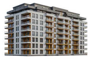Modern apartment building with balconies, cut out - stock . png