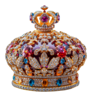 Golden crown with intricate details and gems, cut out - stock .. png