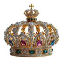 Golden crown with intricate details and gems, cut out - stock .. png