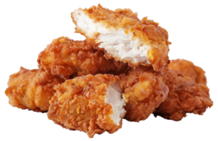 A stack of fried chicken pieces with one piece missing - stock .. png