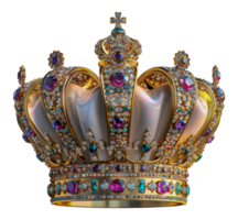 Golden crown with intricate details and gems, cut out - stock .. png