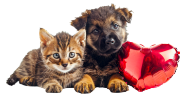 Puppy and kitten with red heart balloon, cut out - stock .. png
