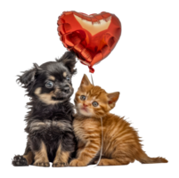 Affectionate puppy and kitten holding red heart, cut out - stock .. png