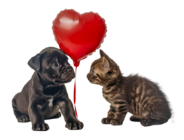 Affectionate puppy and kitten holding red heart, cut out - stock .. png