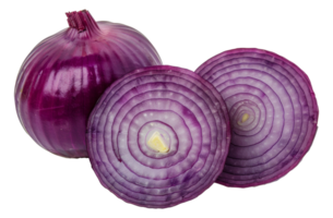 A close up of a purple onion with a slice missing - stock .. png