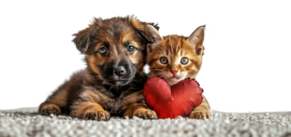 Puppy and kitten with red heart balloon, cut out - stock .. png