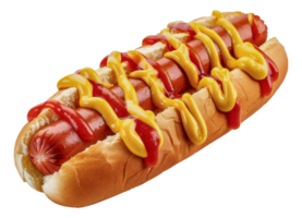 A hot dog with mustard and ketchup on a bun - stock .. png