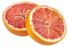 Two slices of a grapefruit are shown, one of which is cut in half - stock .. png